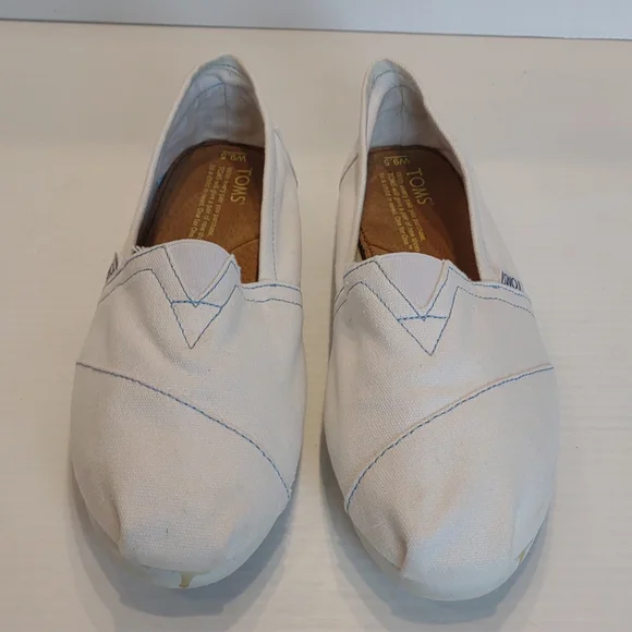 Toms Women's White With Blue Contrast Stitching Classic Alpargata Loafer Flats - Picture 3 of 12